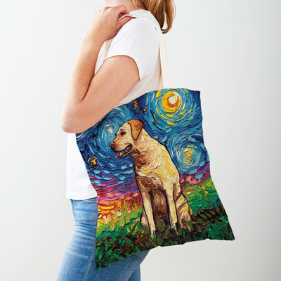 Divat Van Gogh Csillagos égbolt Kutya Kézitáska Kézitáska Állati Vásárlótáska Mindkét oldalon Olajfestmény Alkalmi vászon Kendő női bevásárlótáskák