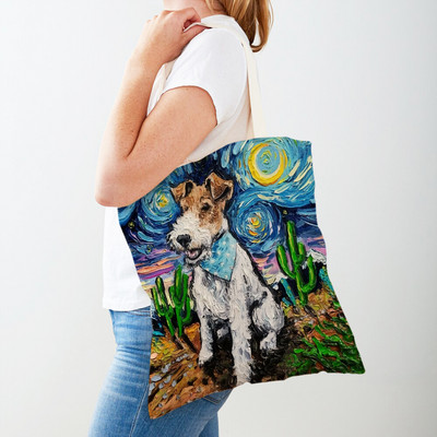 Divat Van Gogh Csillagos égbolt Kutya Kézitáska Kézitáska Állati Vásárlótáska Mindkét oldalon Olajfestmény Alkalmi vászon Kendő női bevásárlótáskák