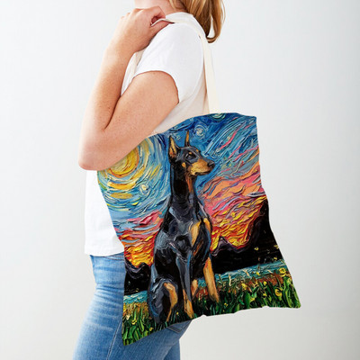 Divat Van Gogh Csillagos égbolt Kutya Kézitáska Kézitáska Állati Vásárlótáska Mindkét oldalon Olajfestmény Alkalmi vászon Kendő női bevásárlótáskák