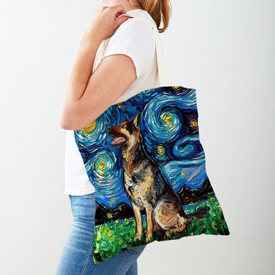 Divat Van Gogh Csillagos égbolt Kutya Kézitáska Kézitáska Állati Vásárlótáska Mindkét oldalon Olajfestmény Alkalmi vászon Kendő női bevásárlótáskák