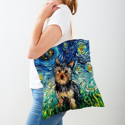Divat Van Gogh Csillagos égbolt Kutya Kézitáska Kézitáska Állati Vásárlótáska Mindkét oldalon Olajfestmény Alkalmi vászon Kendő női bevásárlótáskák