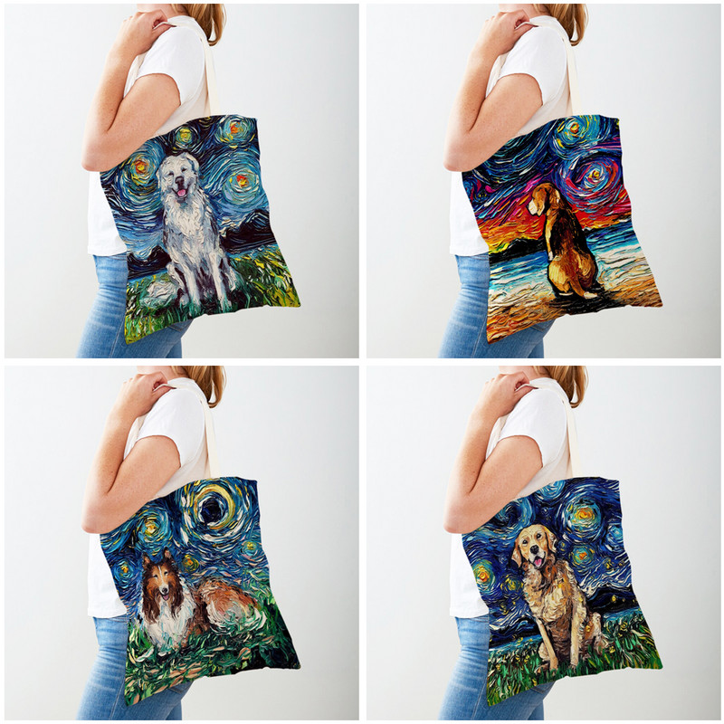 Мода Van Gogh Starry Sky Dog Tote Ръчна чанта Animal Shopper Чанта от двете страни Картина с маслени бои Ежедневна платнена плат Дамски пазарски чанти