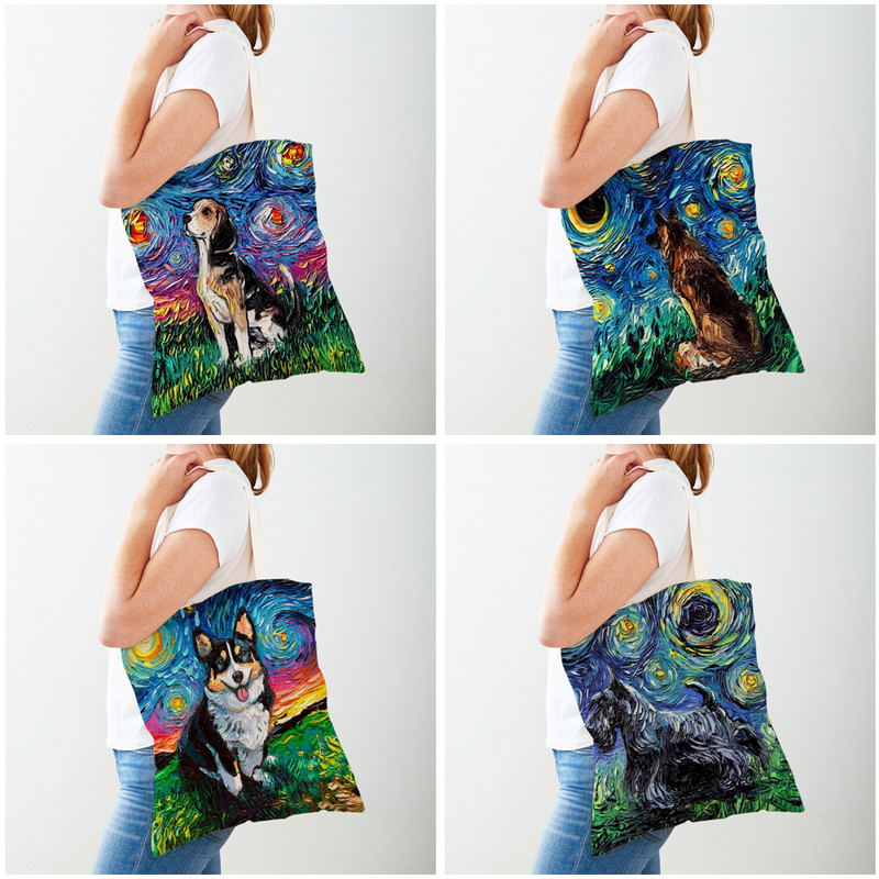 Мода Van Gogh Starry Sky Dog Tote Ръчна чанта Animal Shopper Чанта от двете страни Картина с маслени бои Ежедневна платнена плат Дамски пазарски чанти