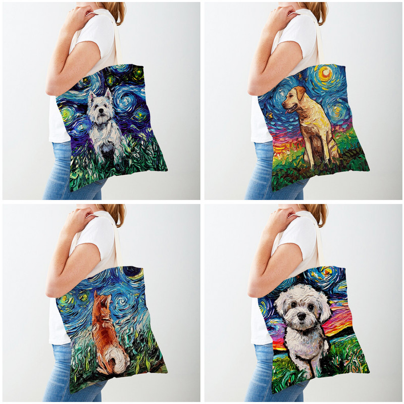 Мода Van Gogh Starry Sky Dog Tote Ръчна чанта Animal Shopper Чанта от двете страни Картина с маслени бои Ежедневна платнена плат Дамски пазарски чанти