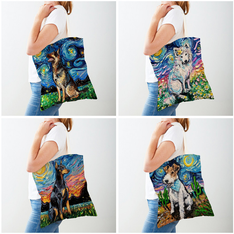 Мода Van Gogh Starry Sky Dog Tote Ръчна чанта Animal Shopper Чанта от двете страни Картина с маслени бои Ежедневна платнена плат Дамски пазарски чанти