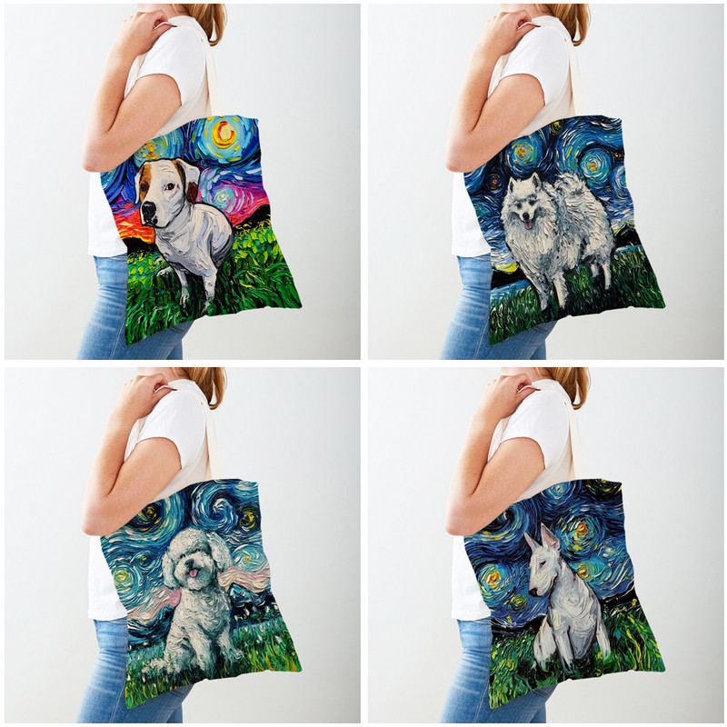 Мода Van Gogh Starry Sky Dog Tote Ръчна чанта Animal Shopper Чанта от двете страни Картина с маслени бои Ежедневна платнена плат Дамски пазарски чанти
