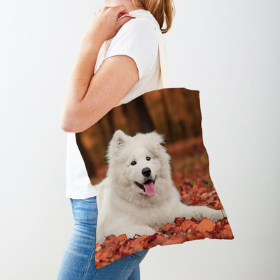 Alkalmi, aranyos fehér kutya szamojéd bevásárlótáska Lovely Pet Animal, kétoldalas, újrafelhasználható ökovászon női vásárlótáska hordtáska