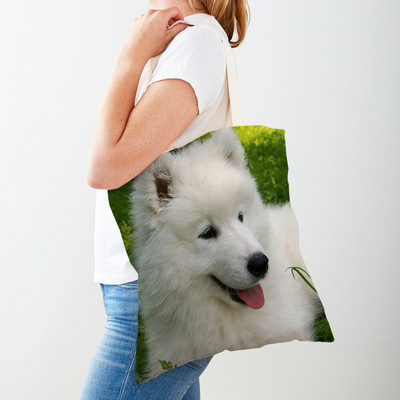 Alkalmi, aranyos fehér kutya szamojéd bevásárlótáska Lovely Pet Animal, kétoldalas, újrafelhasználható ökovászon női vásárlótáska hordtáska