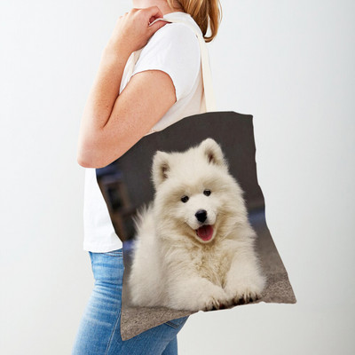 Alkalmi, aranyos fehér kutya szamojéd bevásárlótáska Lovely Pet Animal, kétoldalas, újrafelhasználható ökovászon női vásárlótáska hordtáska