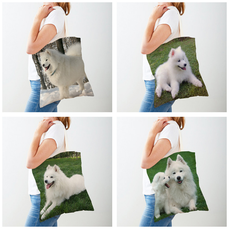 Ежедневна пазарска чанта със сладко бяло куче Самоед Прекрасно животно за домашни любимци Двустранна еко платнена дамска чанта за многократна употреба Дамска чанта