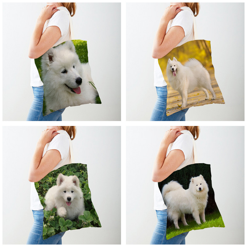 Ежедневна пазарска чанта със сладко бяло куче Самоед Прекрасно животно за домашни любимци Двустранна еко платнена дамска чанта за многократна употреба Дамска чанта