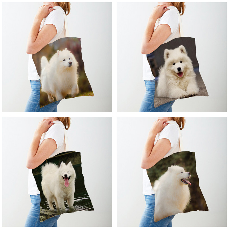 Ежедневна пазарска чанта със сладко бяло куче Самоед Прекрасно животно за домашни любимци Двустранна еко платнена дамска чанта за многократна употреба Дамска чанта
