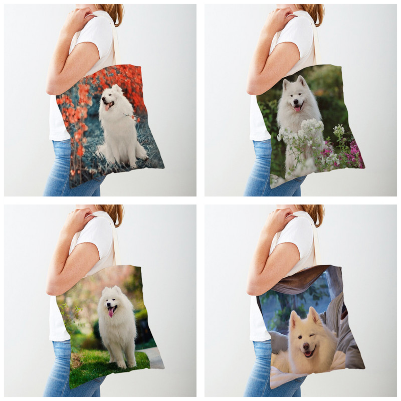 Ежедневна пазарска чанта със сладко бяло куче Самоед Прекрасно животно за домашни любимци Двустранна еко платнена дамска чанта за многократна употреба Дамска чанта