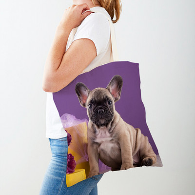 Mini francia bulldog nyomtatott vásárlói táska, női kézitáska, kétoldalas utazótáska, alkalmi kisállat kutya, állat vászon, női bevásárlótáska