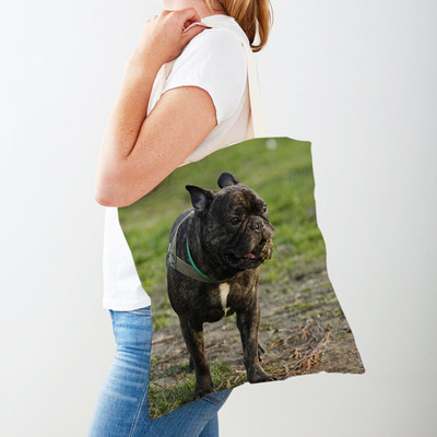 Mini francia bulldog nyomtatott vásárlói táska, női kézitáska, kétoldalas utazótáska, alkalmi kisállat kutya, állat vászon, női bevásárlótáska