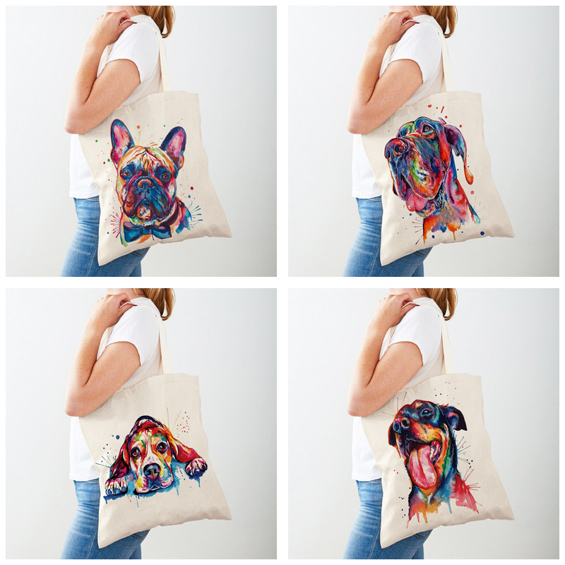 Сладко анимационно домашно куче Еко пазарска чанта Дамска платнена чанта за многократна употреба Дамски чанти за пазаруване през рамо с акварелни животни