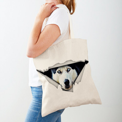 3D Pattern Cartoon Dog Дамски пазарски чанти Дамска платнена чанта за многократна употреба Двустранна ежедневна пазарска чанта с принт на домашни любимци