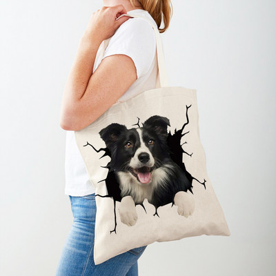 3D Pattern Cartoon Dog Дамски пазарски чанти Дамска платнена чанта за многократна употреба Двустранна ежедневна пазарска чанта с принт на домашни любимци
