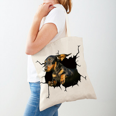 3D Pattern Cartoon Dog Дамски пазарски чанти Дамска платнена чанта за многократна употреба Двустранна ежедневна пазарска чанта с принт на домашни любимци