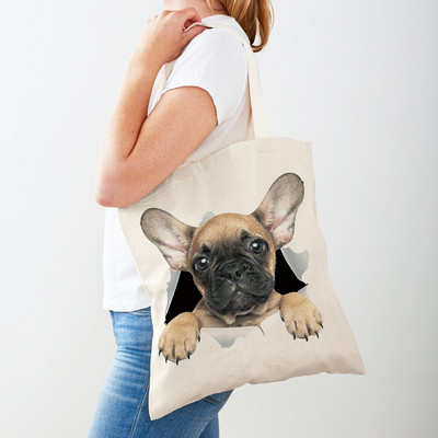 3D Pattern Cartoon Dog Дамски пазарски чанти Дамска платнена чанта за многократна употреба Двустранна ежедневна пазарска чанта с принт на домашни любимци