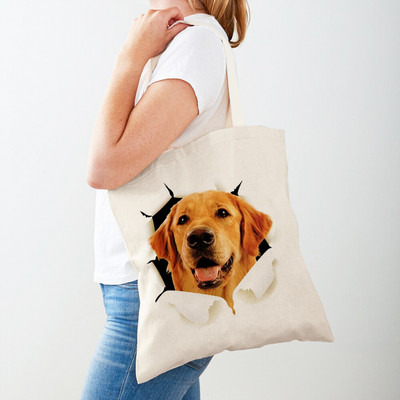 3D Pattern Cartoon Dog Дамски пазарски чанти Дамска платнена чанта за многократна употреба Двустранна ежедневна пазарска чанта с принт на домашни любимци