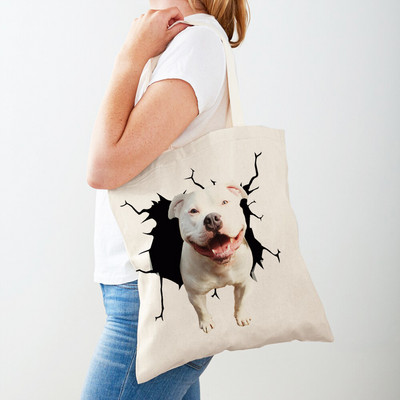 3D Pattern Cartoon Dog Дамски пазарски чанти Дамска платнена чанта за многократна употреба Двустранна ежедневна пазарска чанта с принт на домашни любимци