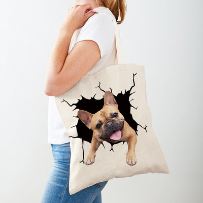 3D Pattern Cartoon Dog Дамски пазарски чанти Дамска платнена чанта за многократна употреба Двустранна ежедневна пазарска чанта с принт на домашни любимци