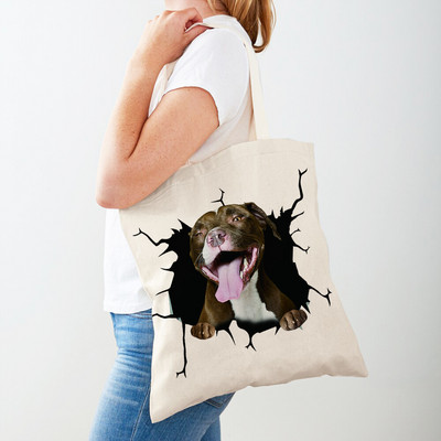 3D Pattern Cartoon Dog Дамски пазарски чанти Дамска платнена чанта за многократна употреба Двустранна ежедневна пазарска чанта с принт на домашни любимци