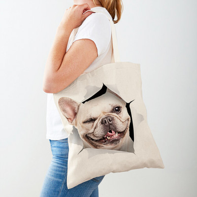 3D Pattern Cartoon Dog Дамски пазарски чанти Дамска платнена чанта за многократна употреба Двустранна ежедневна пазарска чанта с принт на домашни любимци