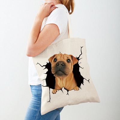 3D Pattern Cartoon Dog Дамски пазарски чанти Дамска платнена чанта за многократна употреба Двустранна ежедневна пазарска чанта с принт на домашни любимци