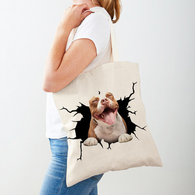 3D Pattern Cartoon Dog Дамски пазарски чанти Дамска платнена чанта за многократна употреба Двустранна ежедневна пазарска чанта с принт на домашни любимци