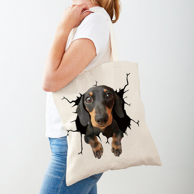 3D Pattern Cartoon Dog Дамски пазарски чанти Дамска платнена чанта за многократна употреба Двустранна ежедневна пазарска чанта с принт на домашни любимци