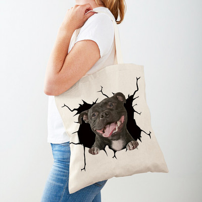 3D Pattern Cartoon Dog Дамски пазарски чанти Дамска платнена чанта за многократна употреба Двустранна ежедневна пазарска чанта с принт на домашни любимци