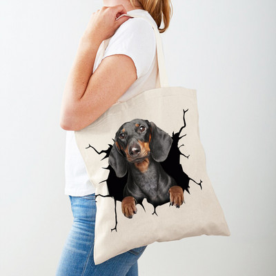 3D Pattern Cartoon Dog Дамски пазарски чанти Дамска платнена чанта за многократна употреба Двустранна ежедневна пазарска чанта с принт на домашни любимци