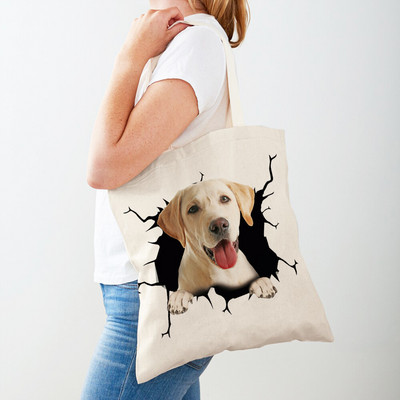 3D Pattern Cartoon Dog Дамски пазарски чанти Дамска платнена чанта за многократна употреба Двустранна ежедневна пазарска чанта с принт на домашни любимци