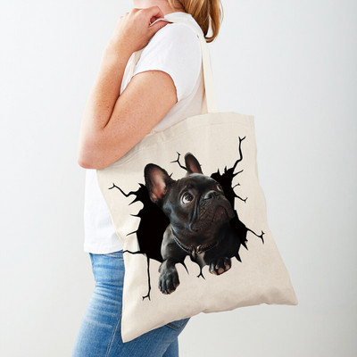 3D Pattern Cartoon Dog Дамски пазарски чанти Дамска платнена чанта за многократна употреба Двустранна ежедневна пазарска чанта с принт на домашни любимци
