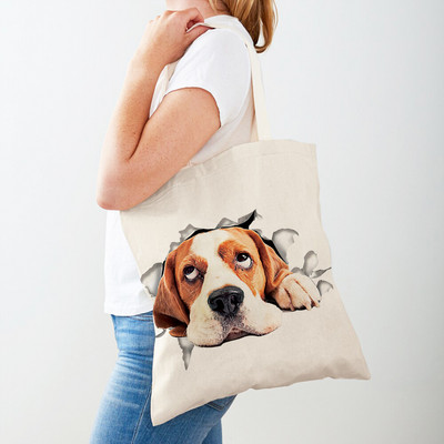 3D Pattern Cartoon Dog Дамски пазарски чанти Дамска платнена чанта за многократна употреба Двустранна ежедневна пазарска чанта с принт на домашни любимци