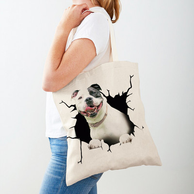 3D Pattern Cartoon Dog Дамски пазарски чанти Дамска платнена чанта за многократна употреба Двустранна ежедневна пазарска чанта с принт на домашни любимци