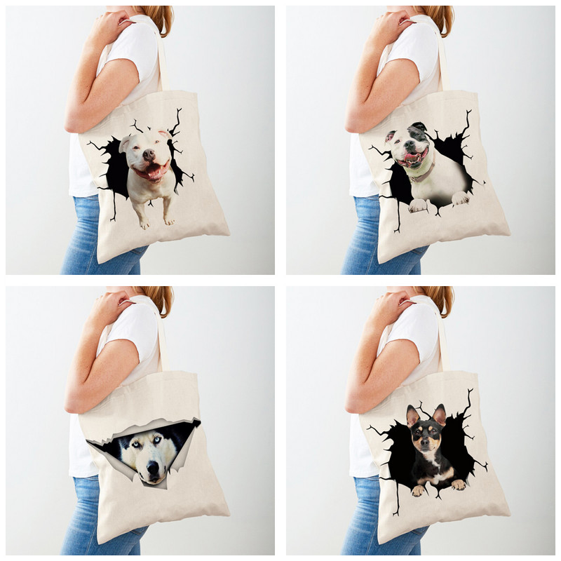 3D Pattern Cartoon Dog Дамски пазарски чанти Дамска платнена чанта за многократна употреба Двустранна ежедневна пазарска чанта с принт на домашни любимци