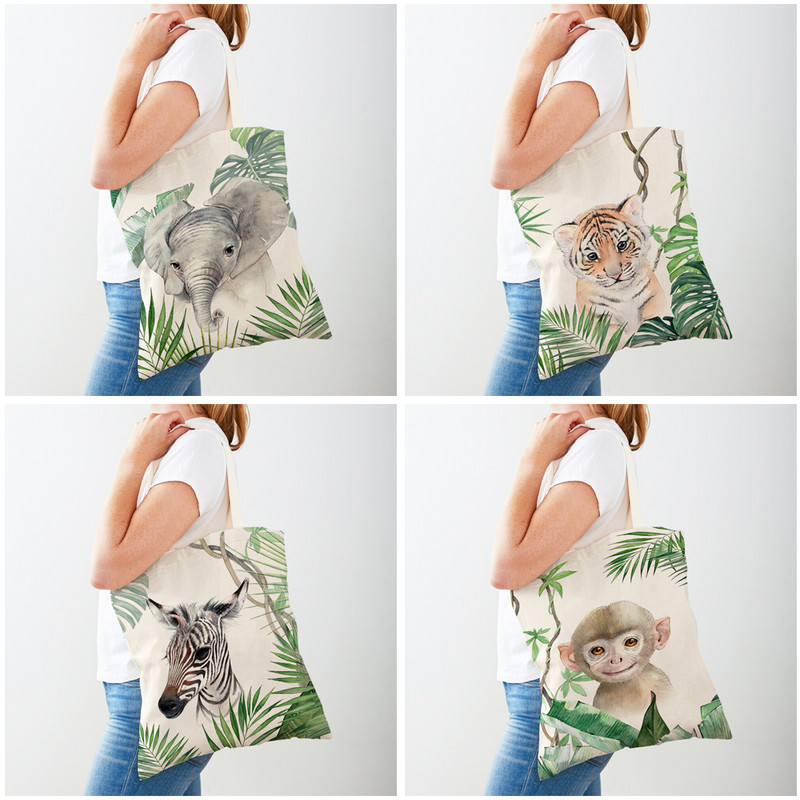 Панда, маймуна, жираф, тигър, тропически листа, растение, чанти за дамска чанта, чанта за пазаруване, карикатура, животно, платнени дамски чанти за пазаруване