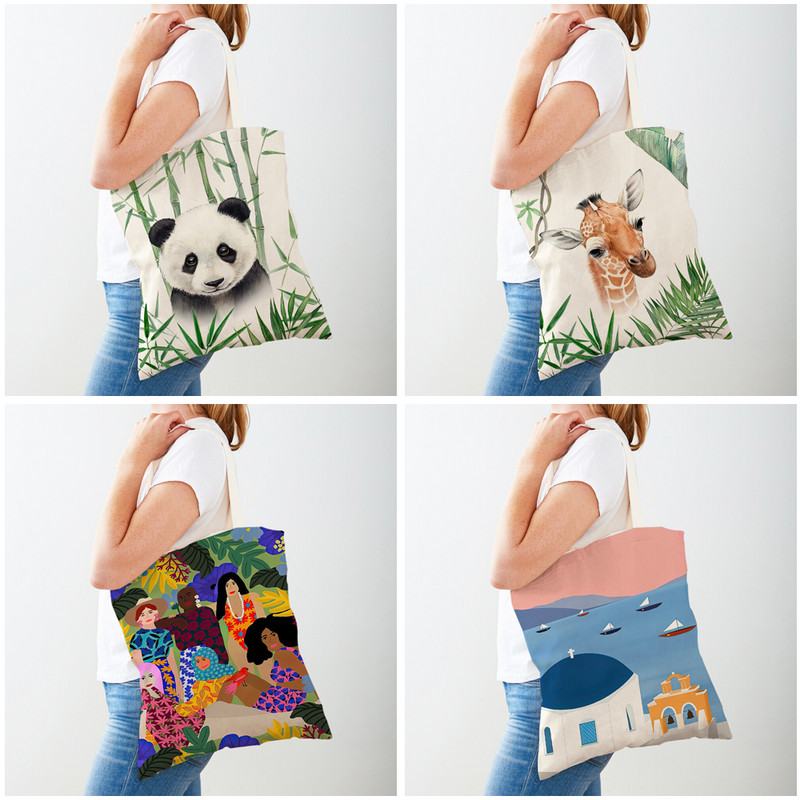 Панда, маймуна, жираф, тигър, тропически листа, растение, чанти за дамска чанта, чанта за пазаруване, карикатура, животно, платнени дамски чанти за пазаруване