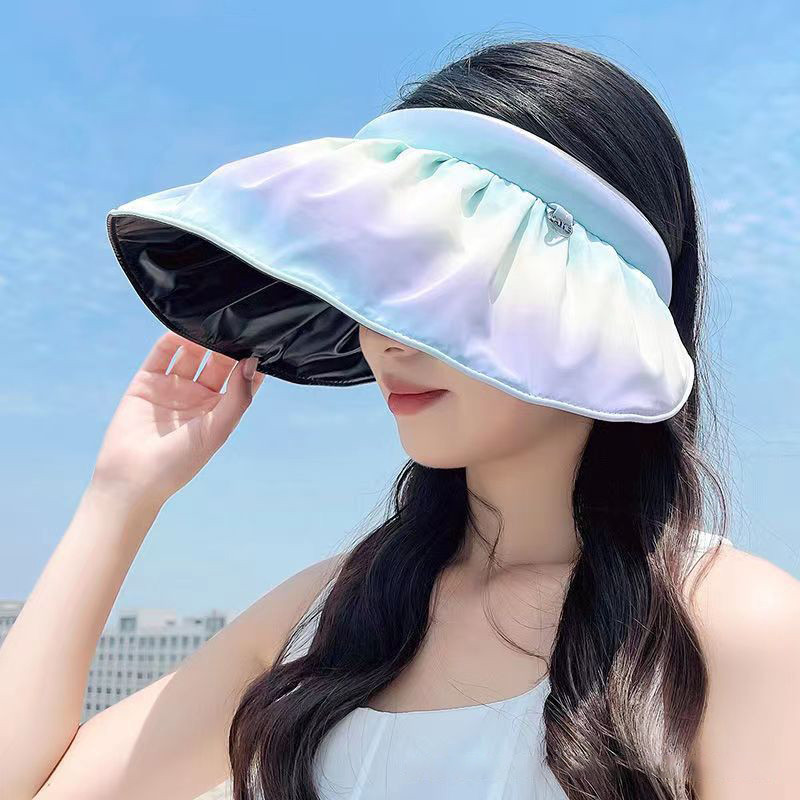 Нова шапка с градиентен цвят, сгъваема плажна слънчева шапка с голяма периферия за жени Празна горна шапка с сенници, лента за глава, аксесоари за коса