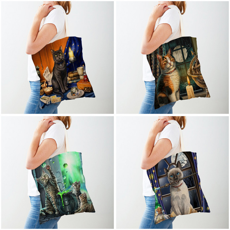 Модна акварелна котка, студентска дамска чанта, двустранно отпечатана многократна употреба, ежедневна платнена пазарска чанта с животни за жени
