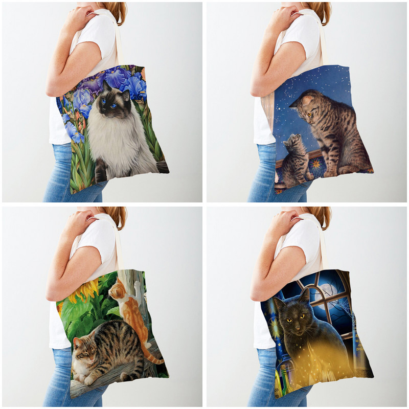 Модна акварелна котка, студентска дамска чанта, двустранно отпечатана многократна употреба, ежедневна платнена пазарска чанта с животни за жени