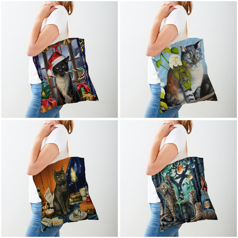 Модна акварелна котка, студентска дамска чанта, двустранно отпечатана многократна употреба, ежедневна платнена пазарска чанта с животни за жени