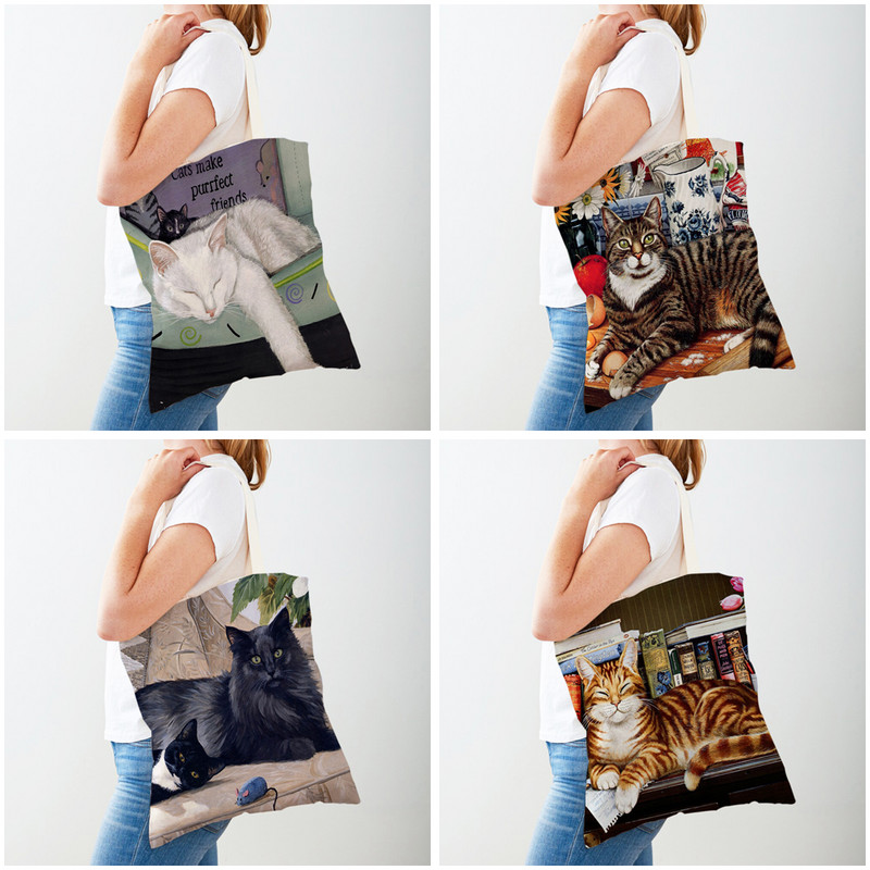 Модна акварелна котка, студентска дамска чанта, двустранно отпечатана многократна употреба, ежедневна платнена пазарска чанта с животни за жени