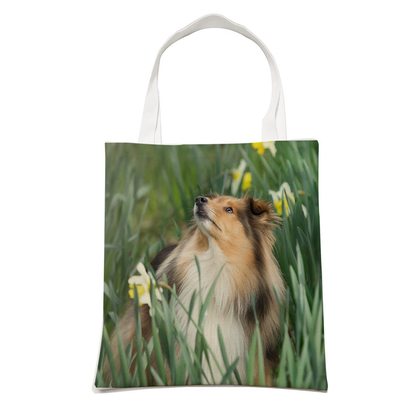 Ежедневна чанта за рамо Shetland Sheepdog Dog Пазаруване през рамо за жени Pet Animal Сгъваема ленена модна студентска чанта за многократна употреба