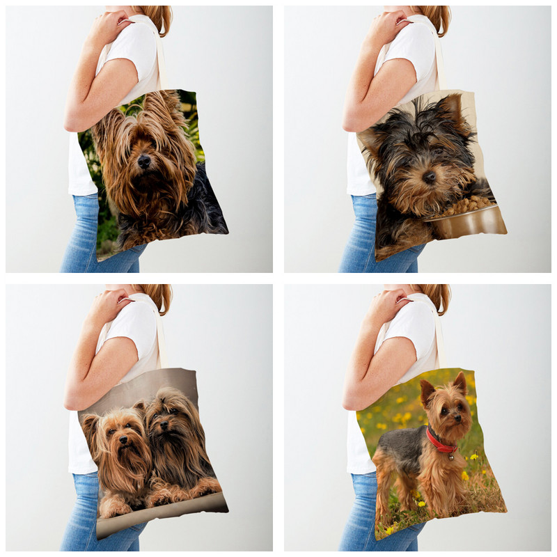 MINI Дамски пазарски чанти с щампа Йоркшир Двустранна дамска чанта със сладко куче, многократна употреба Платнена ежедневна дамска чанта за пазаруване