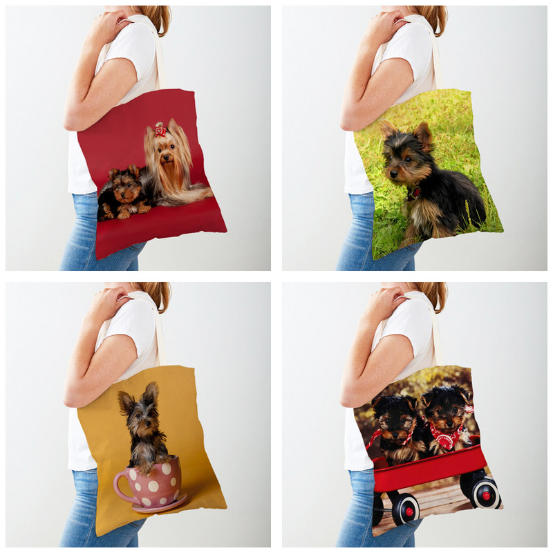 MINI Дамски пазарски чанти с щампа Йоркшир Двустранна дамска чанта със сладко куче, многократна употреба Платнена ежедневна дамска чанта за пазаруване