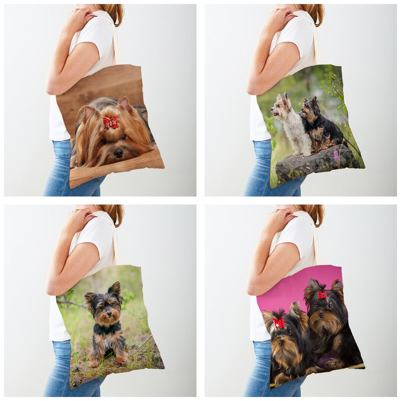 MINI Дамски пазарски чанти с щампа Йоркшир Двустранна дамска чанта със сладко куче, многократна употреба Платнена ежедневна дамска чанта за пазаруване